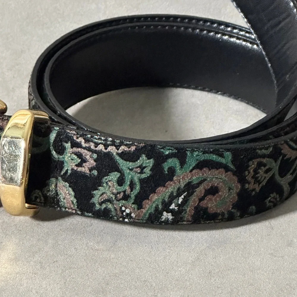 Doncaster Vintage Paisley Velvet Belt Gold Tone Buckle Black Green Mauve‎ Size M